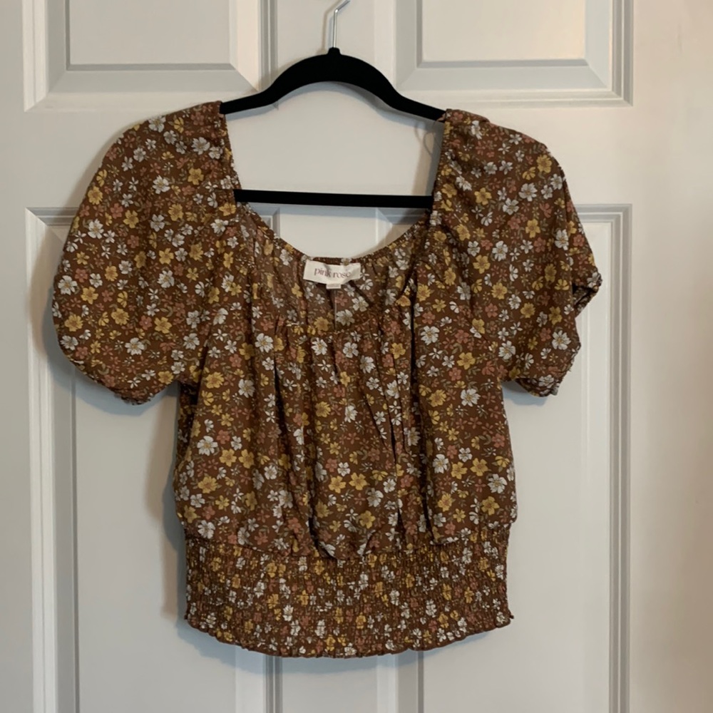 Pink Rose Brown Floral cropped blouse Womens Large NWT